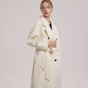 Hailey Double Face Tie Waist Wool Coat - Ivory, S